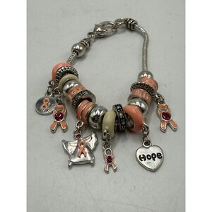 Breast Cancer Awareness Hope Angel Ribbon Charm Bracelet Silver Tone Pink Peach